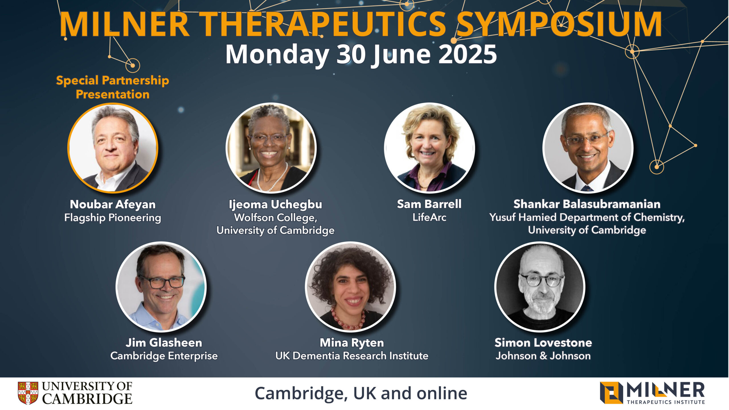 Promotional image for Milner Therapeutics Symposium 2025 with headshots of speakers